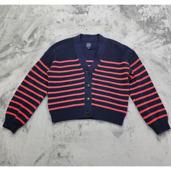 Gap Sweater Women L Blue Pink Striped V-Neck Button Front Cotton Cardigan Preppy - Picture 1 of 8